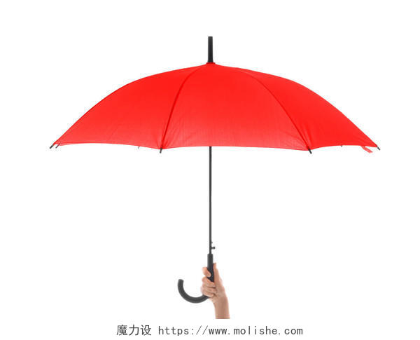 妇女举着时尚的红色雨伞在白色背景上